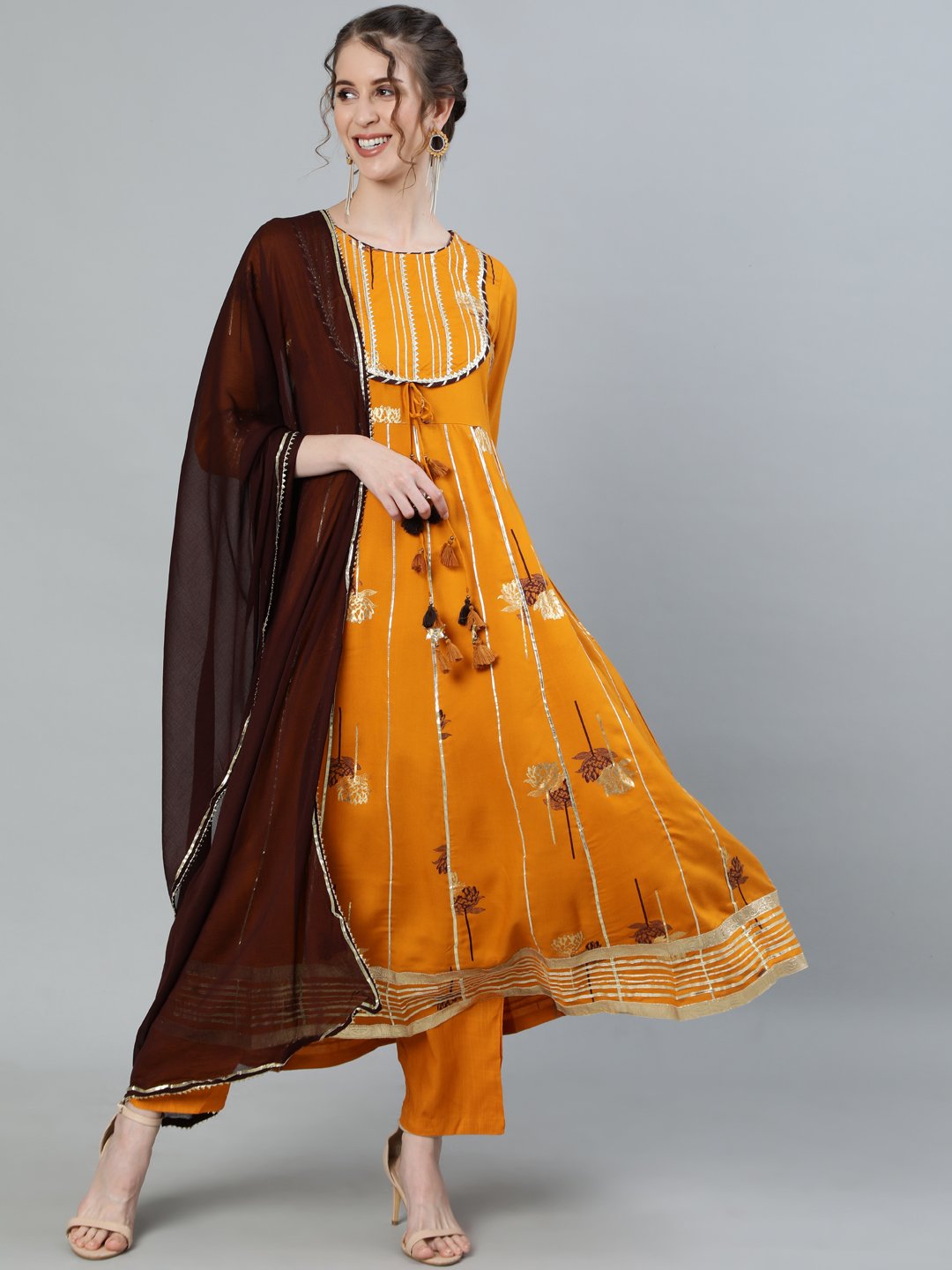 Ishin Women's Mustard Embroidered Anarkali Kurta With Trouser & Dupatta 