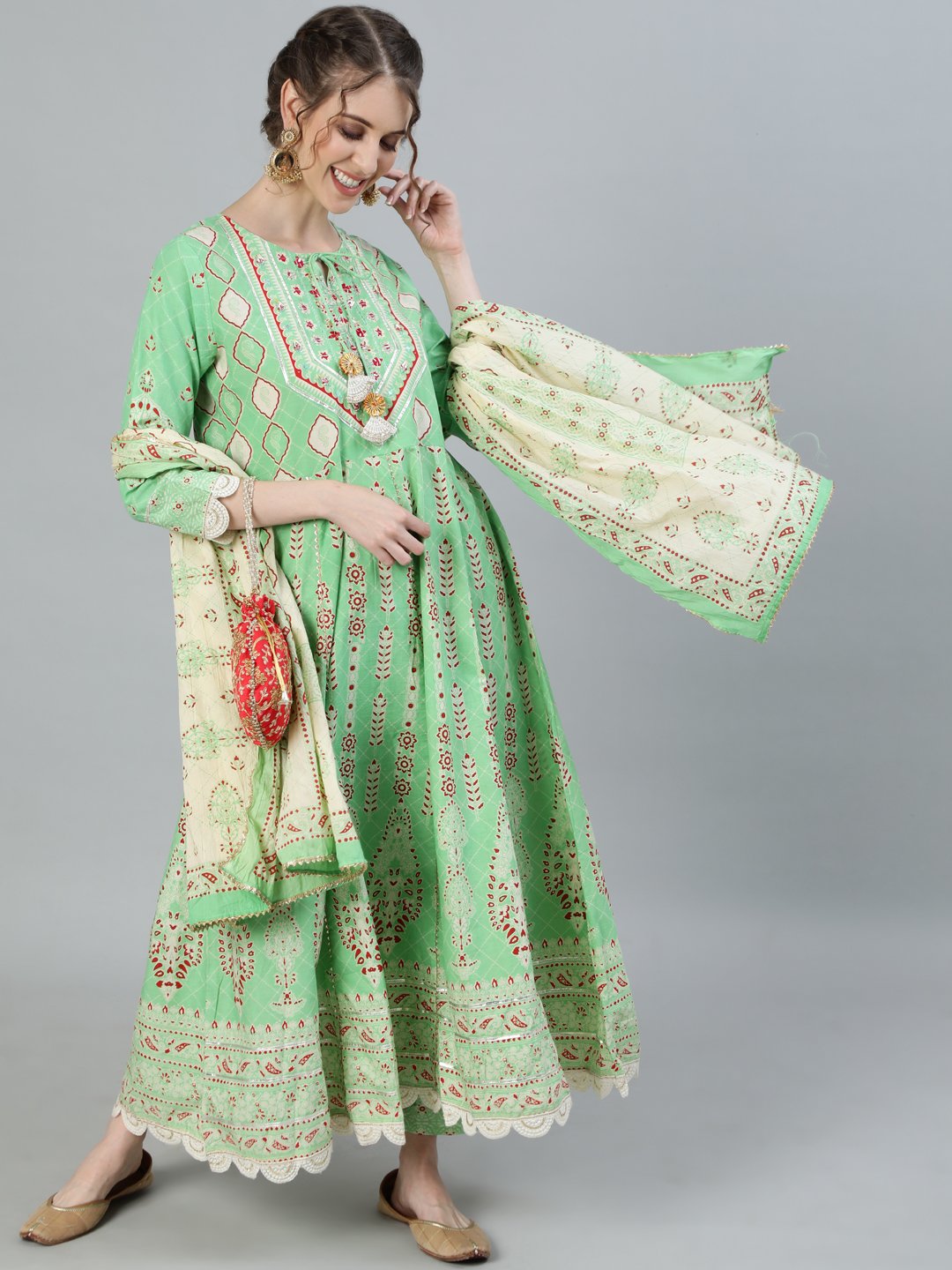 Ishin Women's Green Gota Patti Anarkali Kurta With Trouser & Dupatta