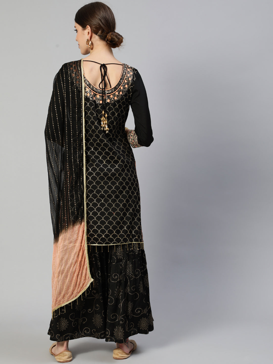 Ishin Women's Silk Blend Black Embroidered A-Line Kurta Sharara Dupatta Set