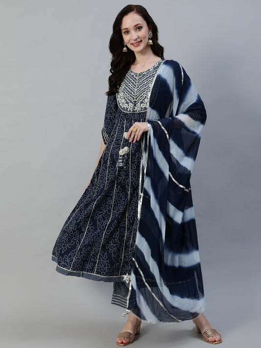 Ishin Women's Cotton Navy Blue Embroidered Anarkali Kurta Trouser Dupatta Set 