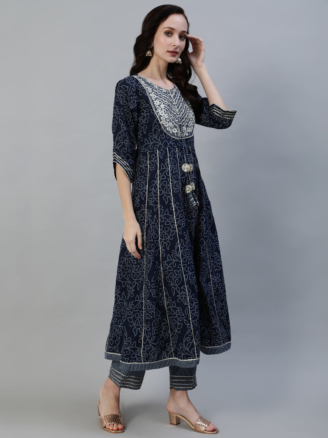 Ishin Women's Cotton Navy Blue Embroidered Anarkali Kurta Trouser Dupatta Set