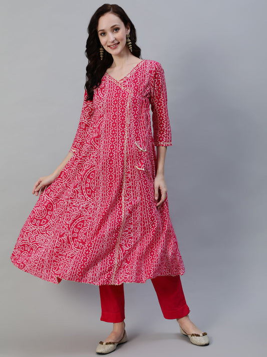 Ishin Women's Cotton Pink Embroidered Anarkali Kurta Trouser Set