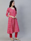 Ishin Women's Cotton Pink Embroidered Anarkali Kurta Trouser Set