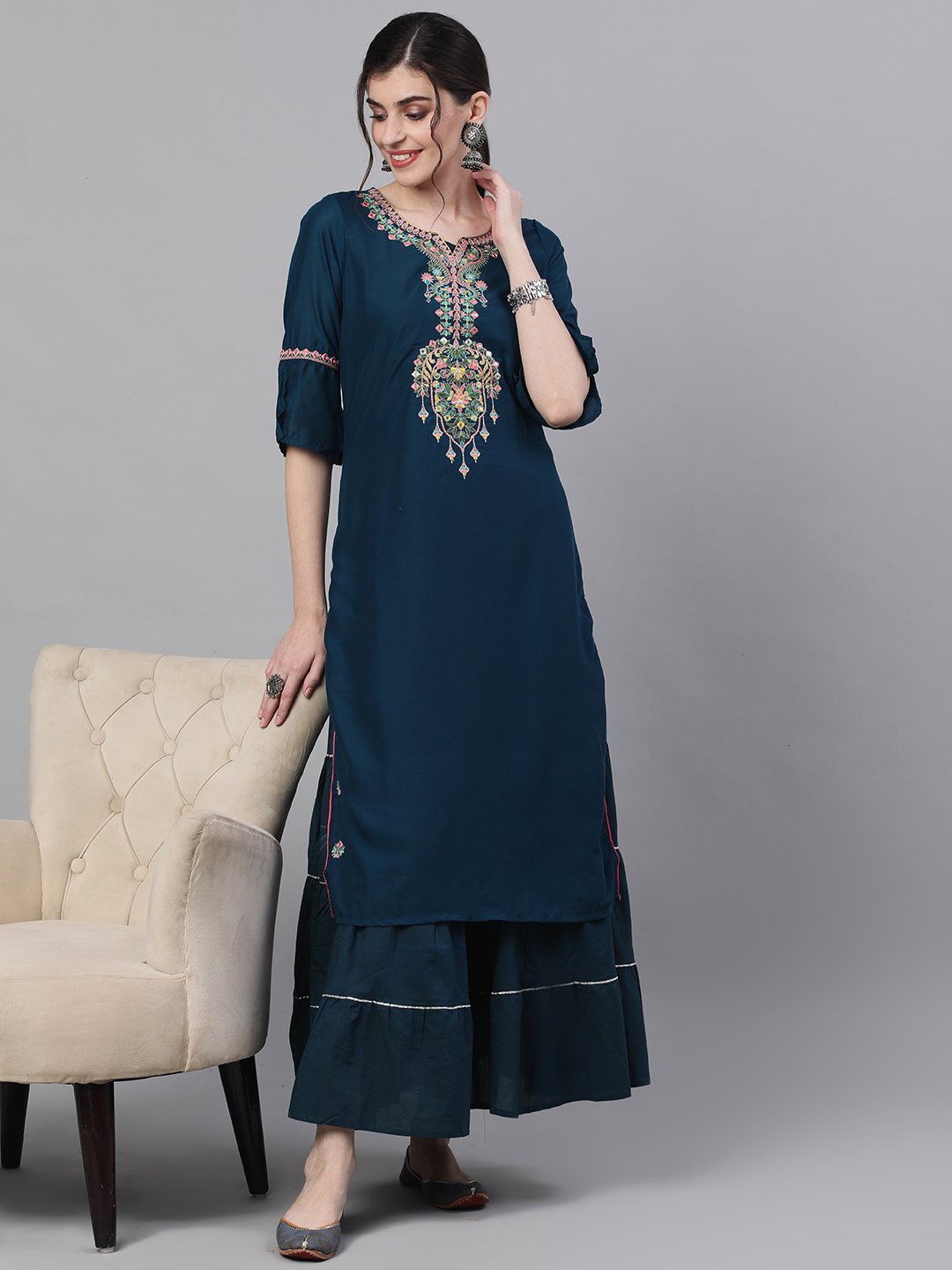 Ishin Women's Rayon Blue Embroidered Yoke Design Kurta Skirt Set