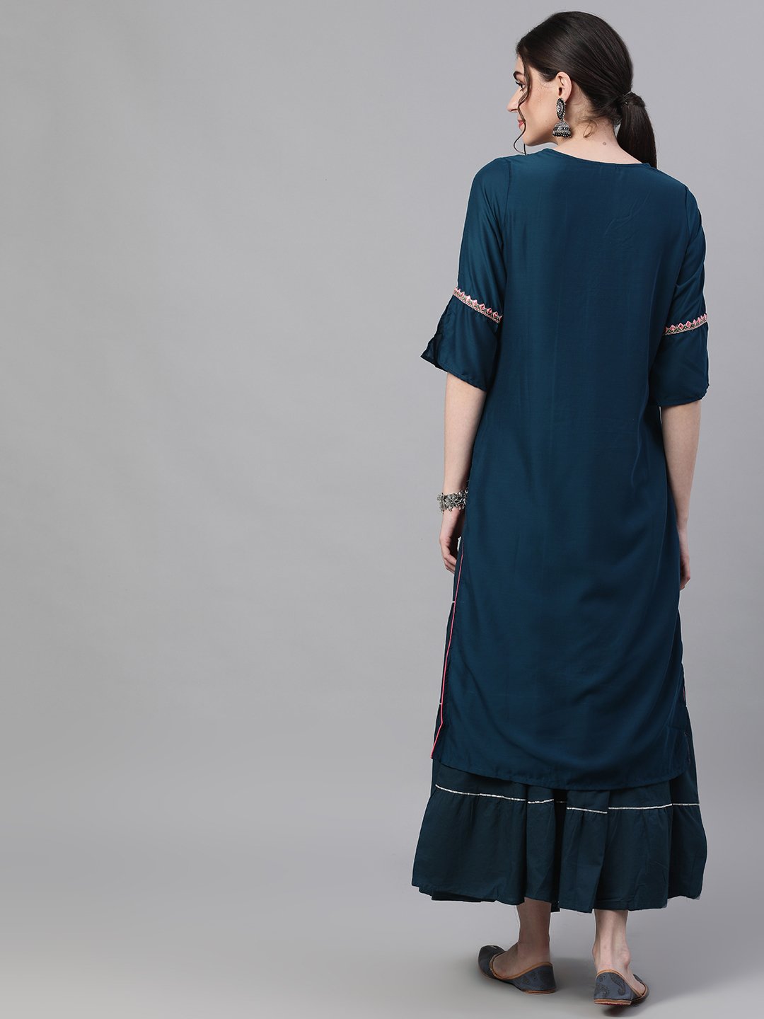 Ishin Women's Rayon Blue Embroidered Yoke Design Kurta Skirt Set