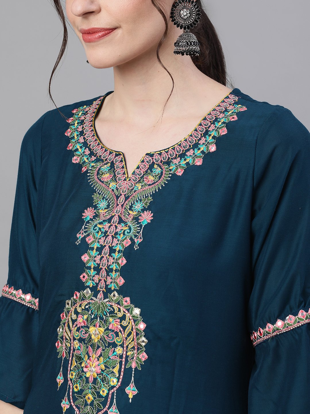 Ishin Women's Rayon Blue Embroidered Yoke Design Kurta Skirt Set