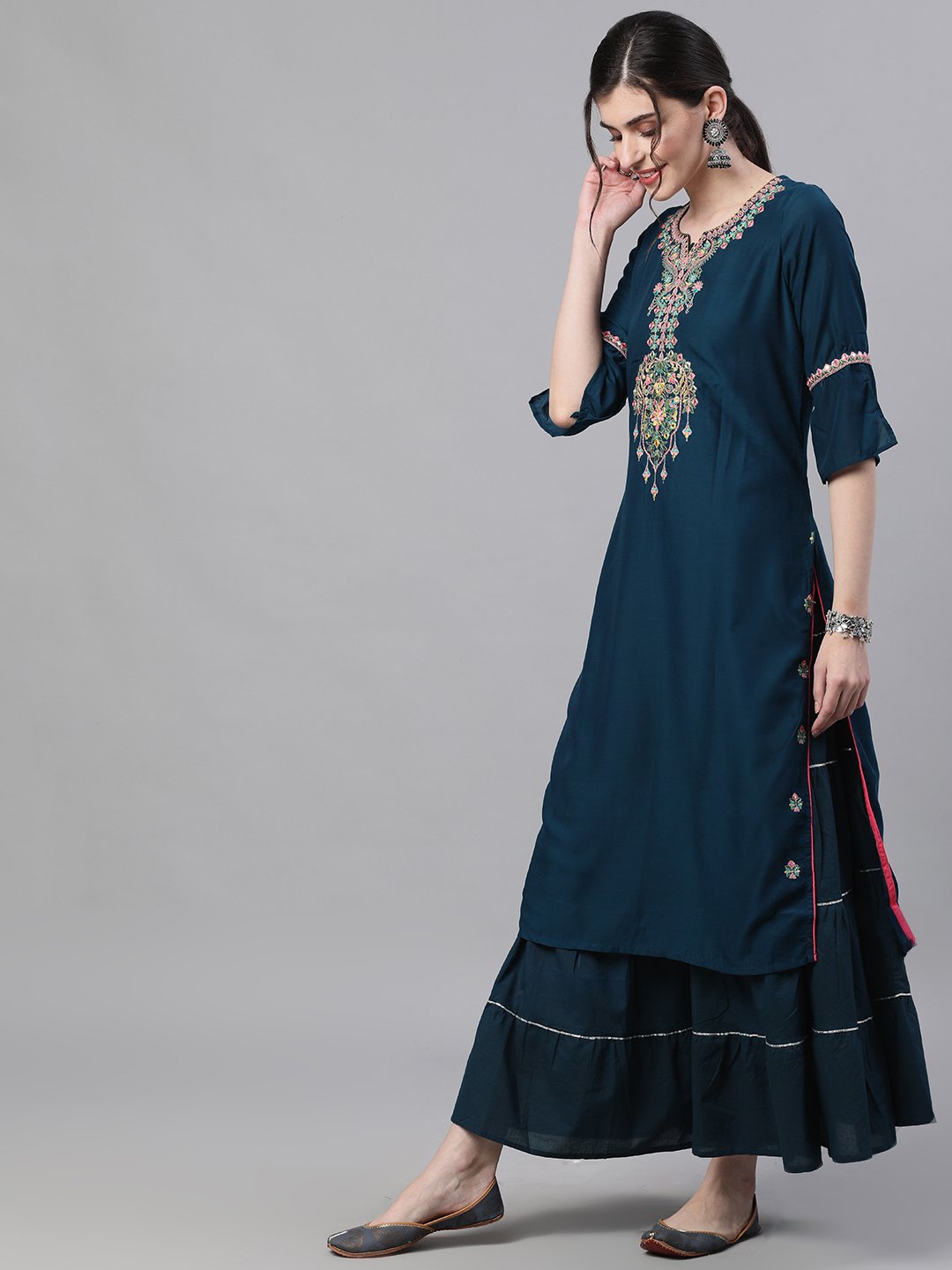 Ishin Women's Rayon Blue Embroidered Yoke Design Kurta Skirt Set