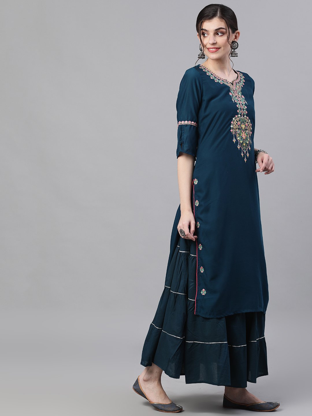 Ishin Women's Rayon Blue Embroidered Yoke Design Kurta Skirt Set