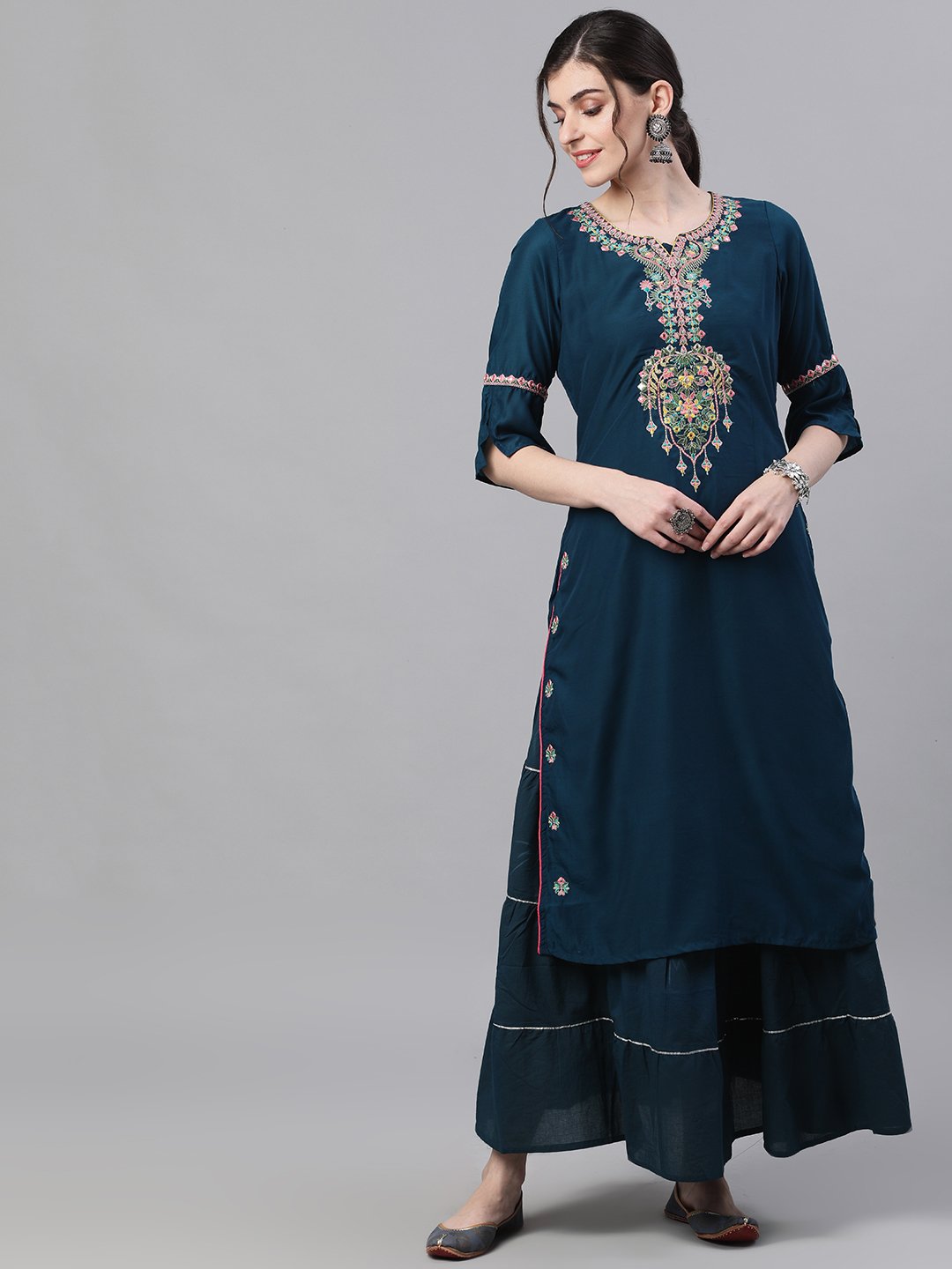 Ishin Women's Rayon Blue Embroidered Yoke Design Kurta Skirt Set