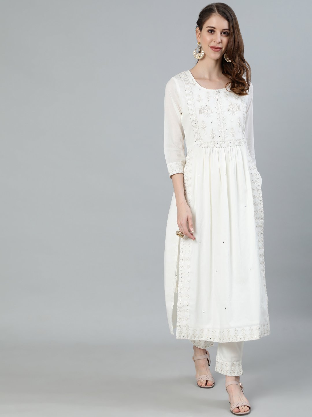 Ishin Women's Off White Zari Embroidered High Slit Kurta With Trouser 