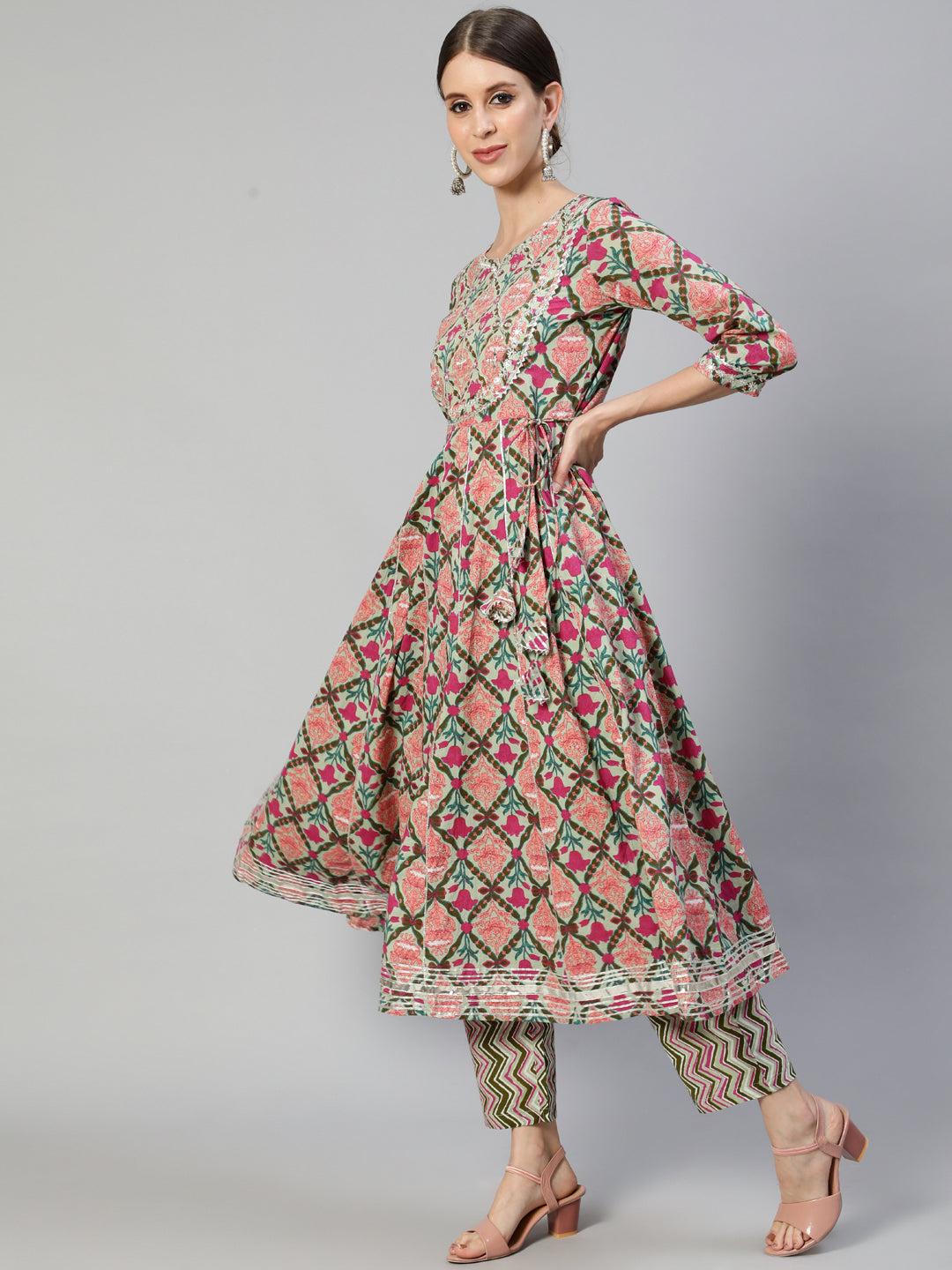Ishin Women's Cotton Green Embroidered Anarkali Kurta Trouser Set