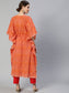 Ishin Women's Cotton Orange & Pink Yoke Embroidered Kaftan Kurta Trouser Set