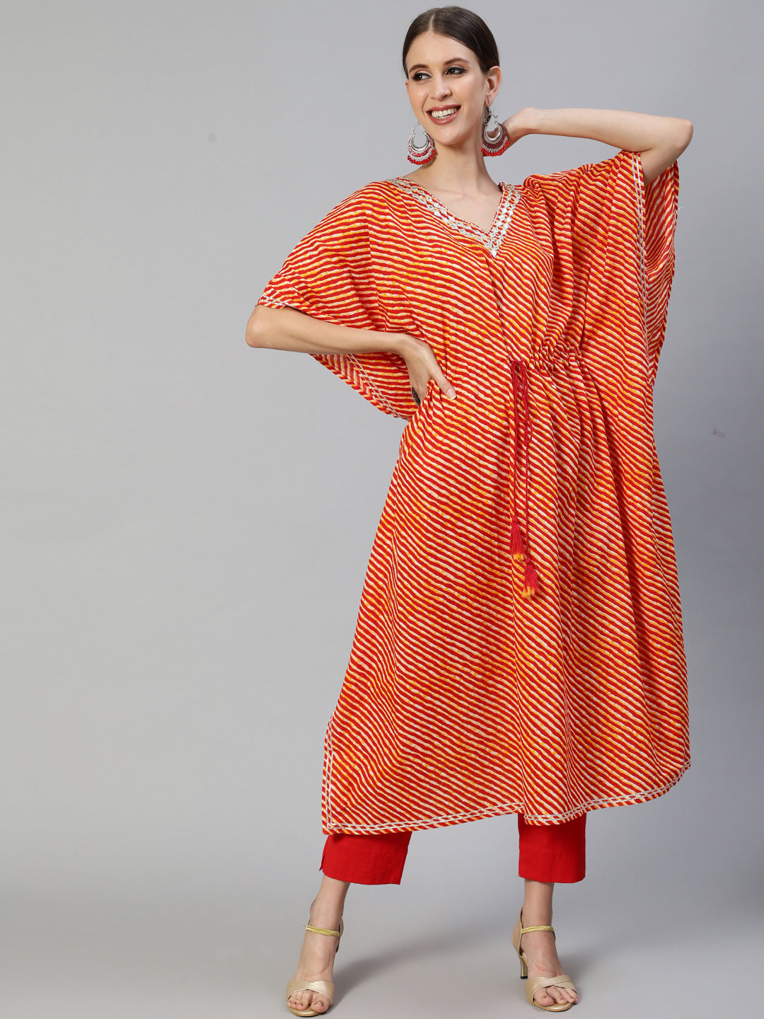 Ishin Women's Cotton Orange & Pink Yoke Embroidered Kaftan Kurta Trouser Set