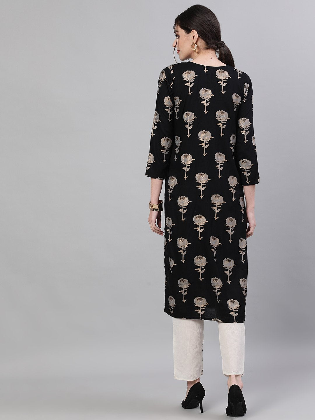 Ishin Women's Rayon Black & Off White Foil Print Embroidered Straight Kurta Trouser Set
