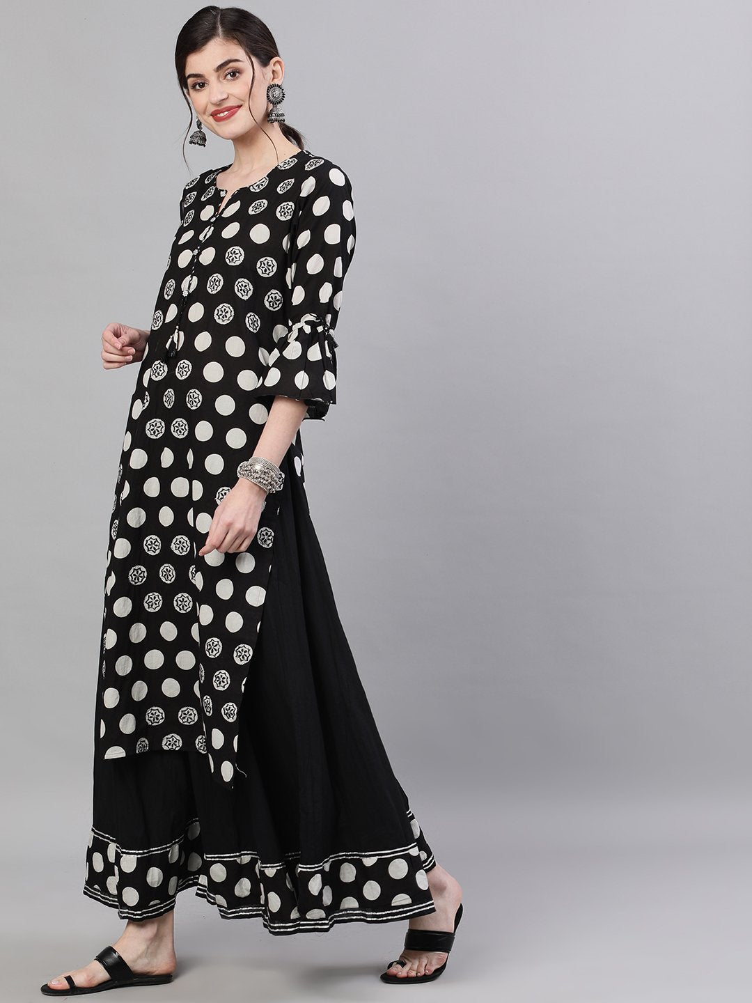 Ishin Women's Cotton Black Polka Dot Printed Straight Kurta Sharara Set