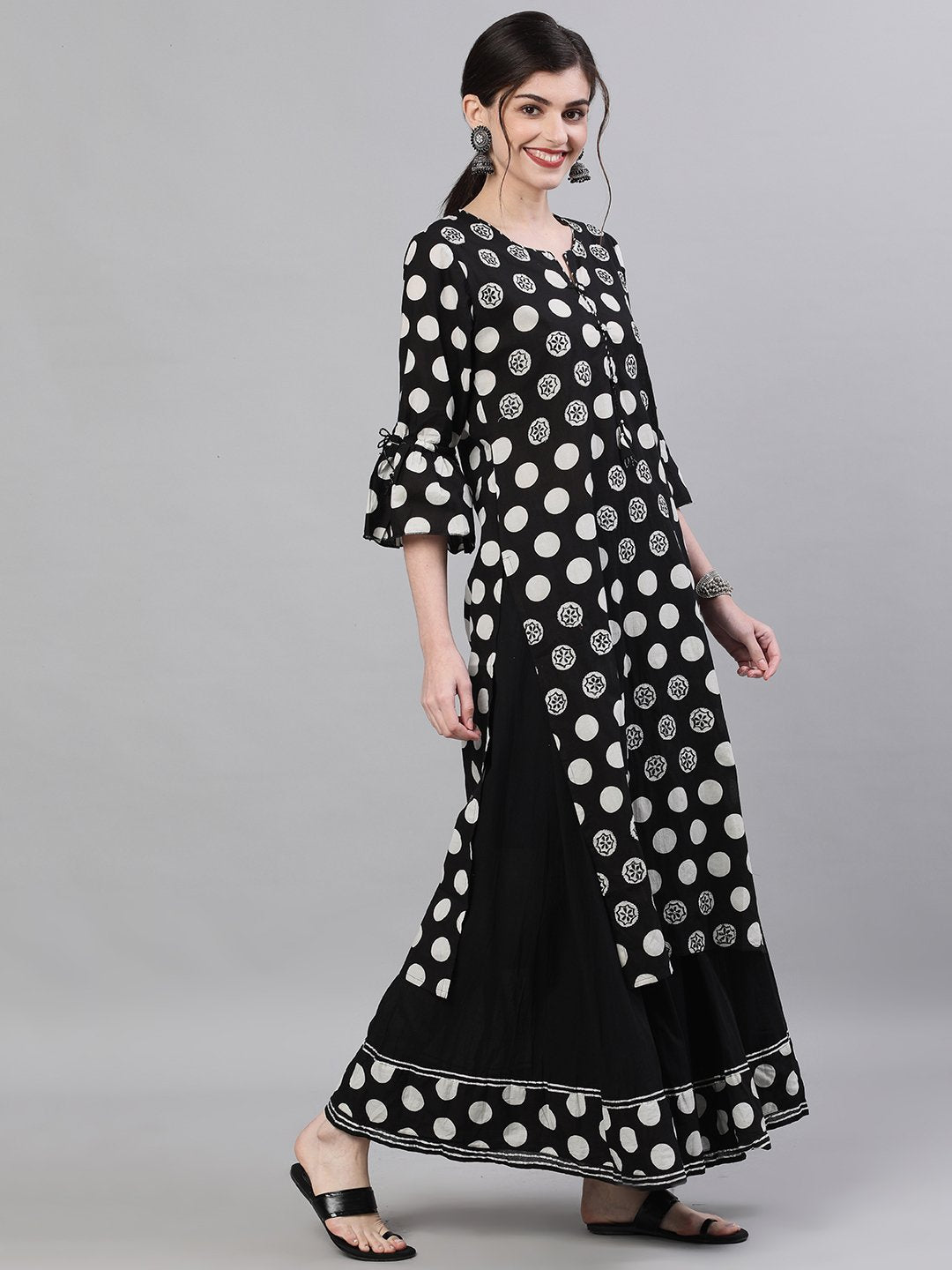 Ishin Women's Cotton Black Polka Dot Printed Straight Kurta Sharara Set