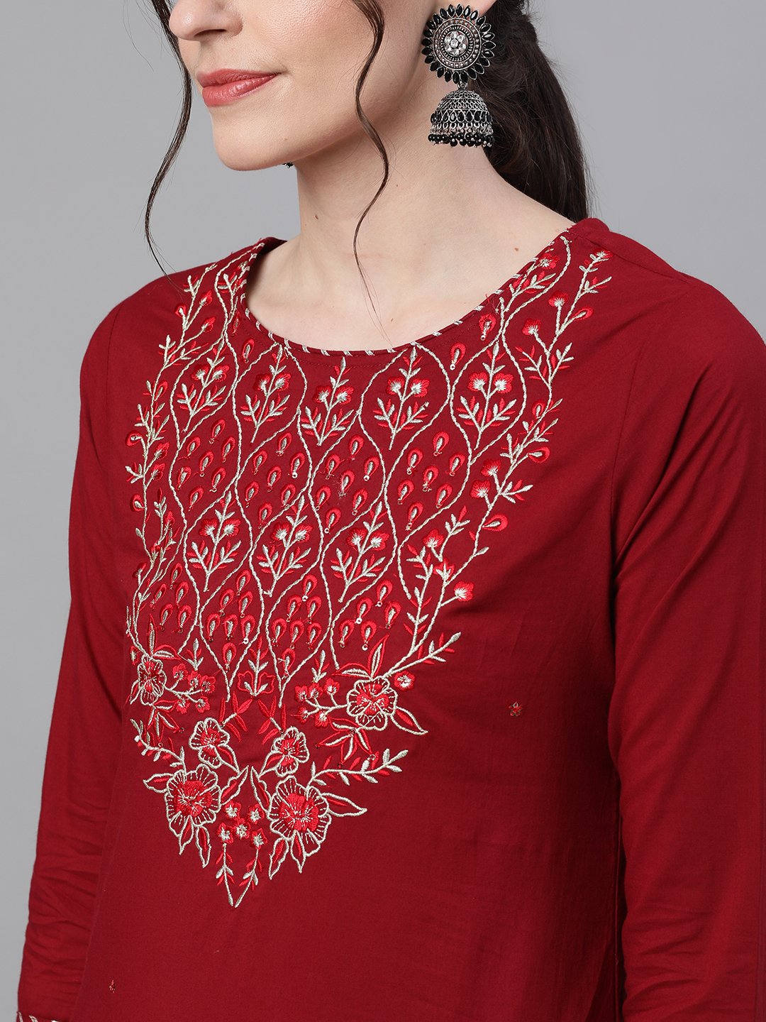 Ishin Women's Cotton Maroon Embroidered A-Line Kurta Sharara Set