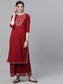 Ishin Women's Cotton Maroon Embroidered A-Line Kurta Sharara Set