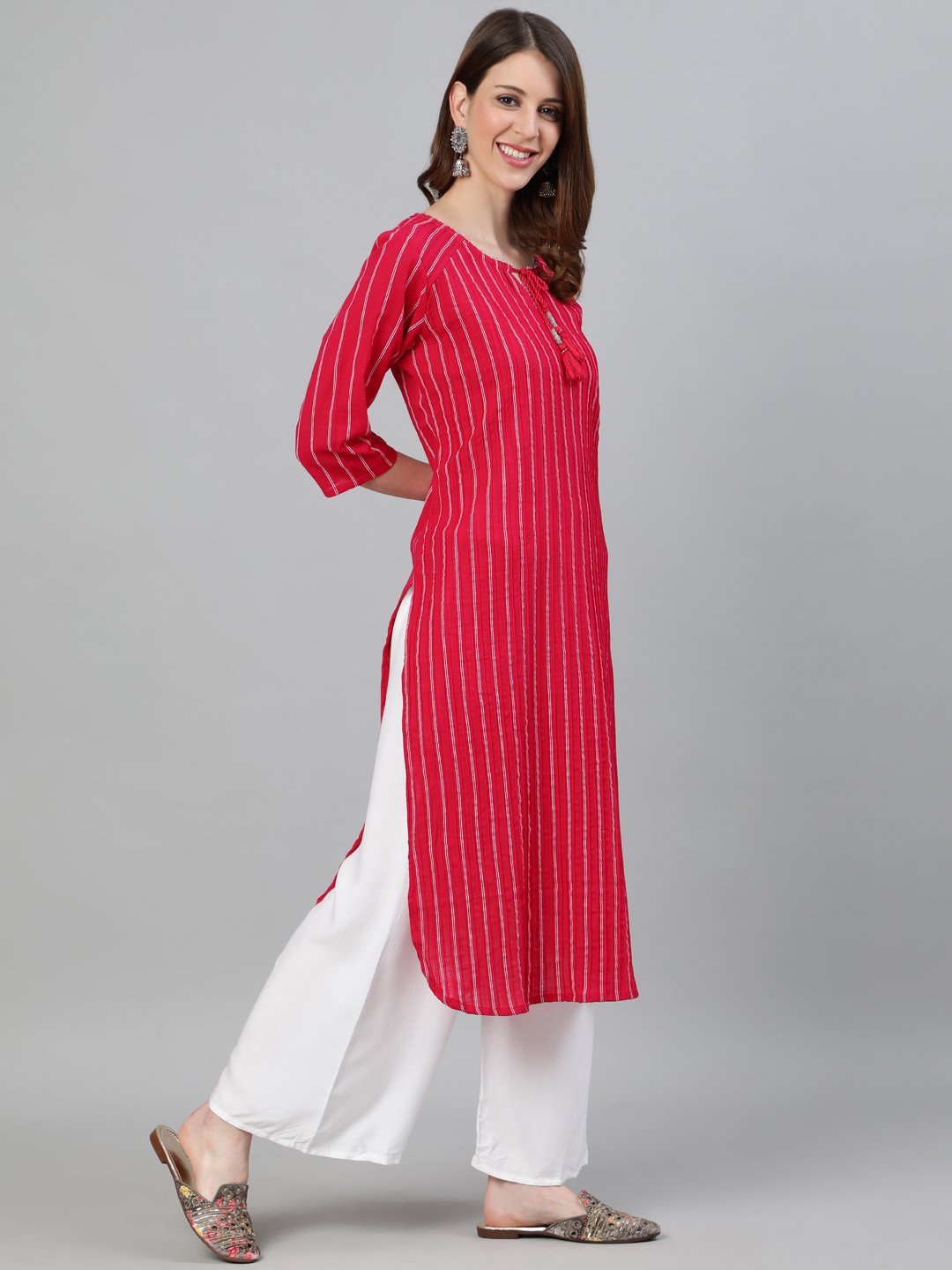 Ishin Women's Cotton Pink Embellished Pleated Pathani Kurta