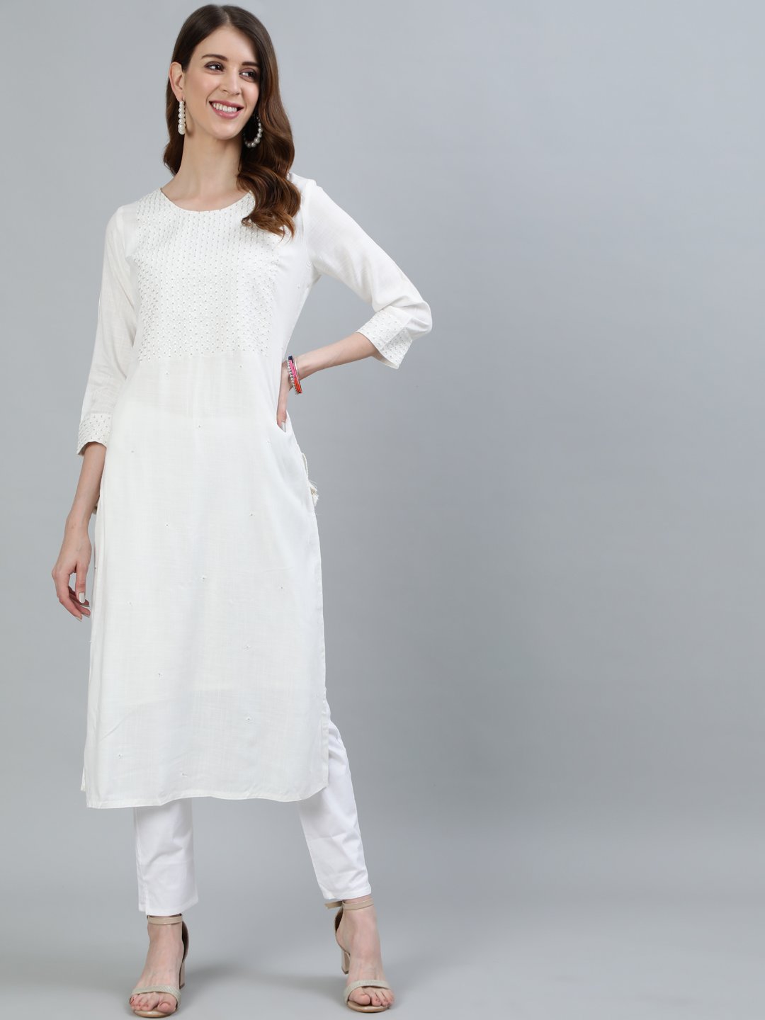 Ishin Women's Off White Embroidered A-Line Kurta