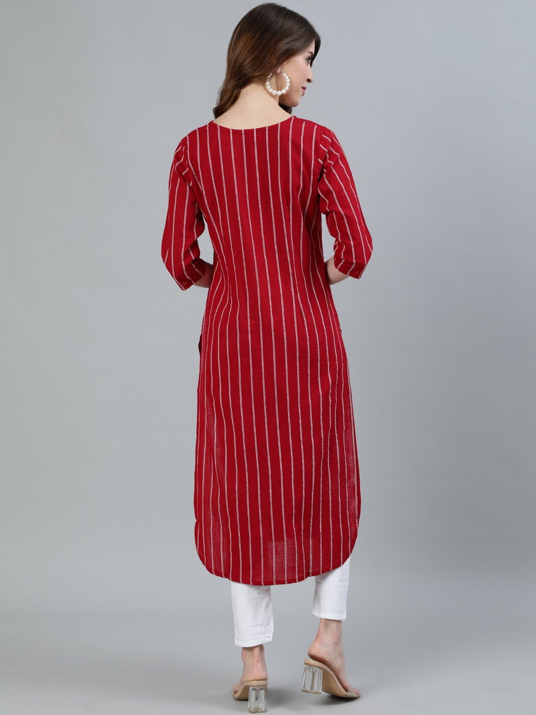Ishin Women's Red Embroidered Pintucks A-Line Kurta