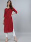 Ishin Women's Red Embroidered Pintucks A-Line Kurta