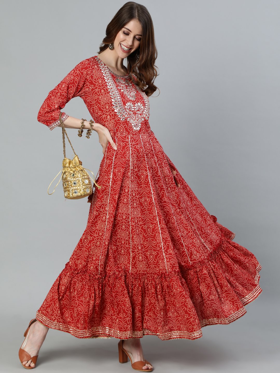 Ishin Women's Red Gota Patti Embroidered Anarkali Kurta