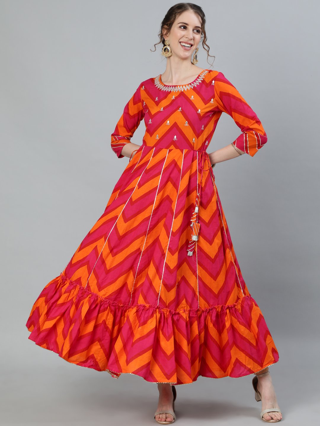 Ishin Women's Pink & Orange Gota Patti Embroidered Anarkali Kurta