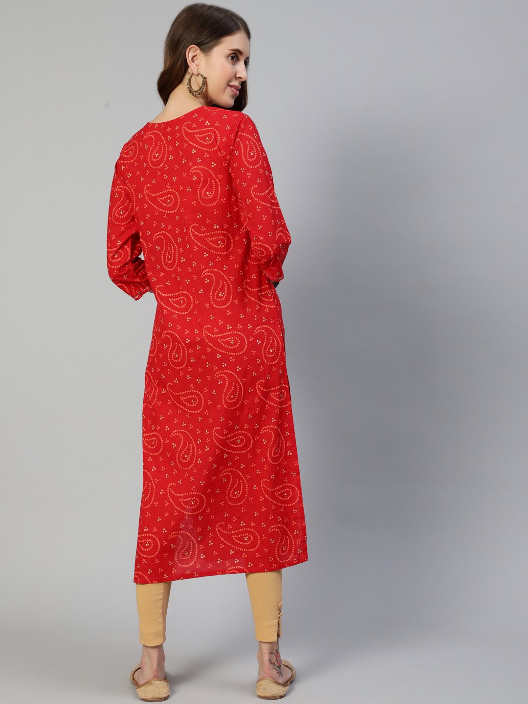 Ishin Women's Cotton Red Bandhani Printed A-Line Kurta