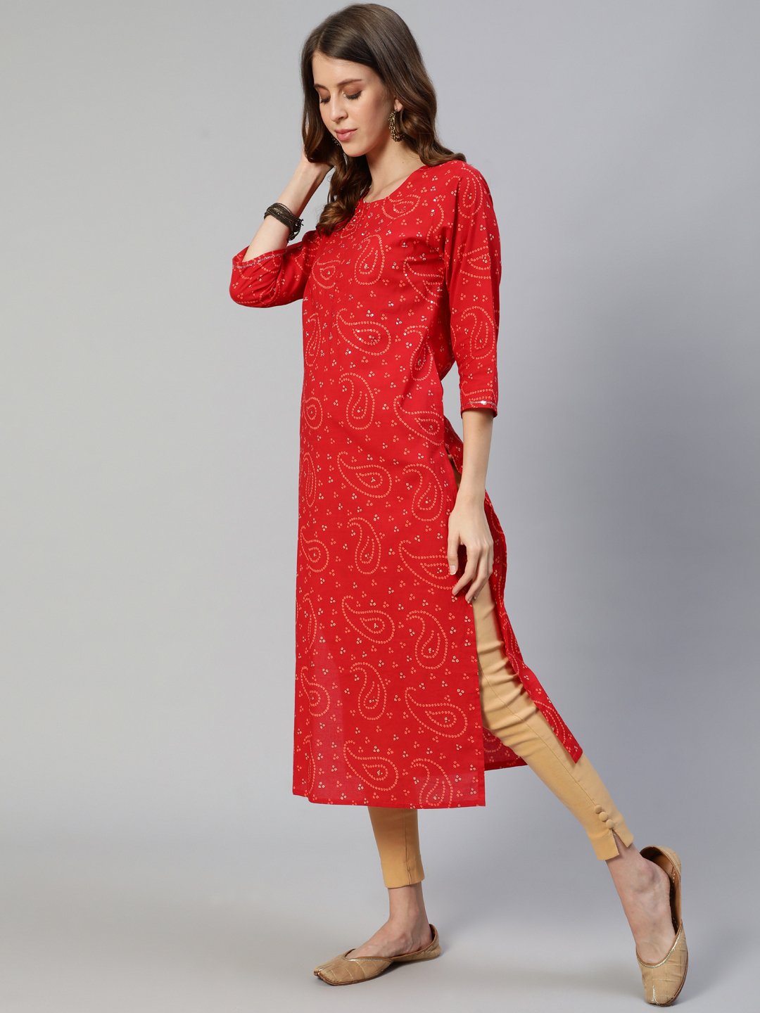 Ishin Women's Cotton Red Bandhani Printed A-Line Kurta