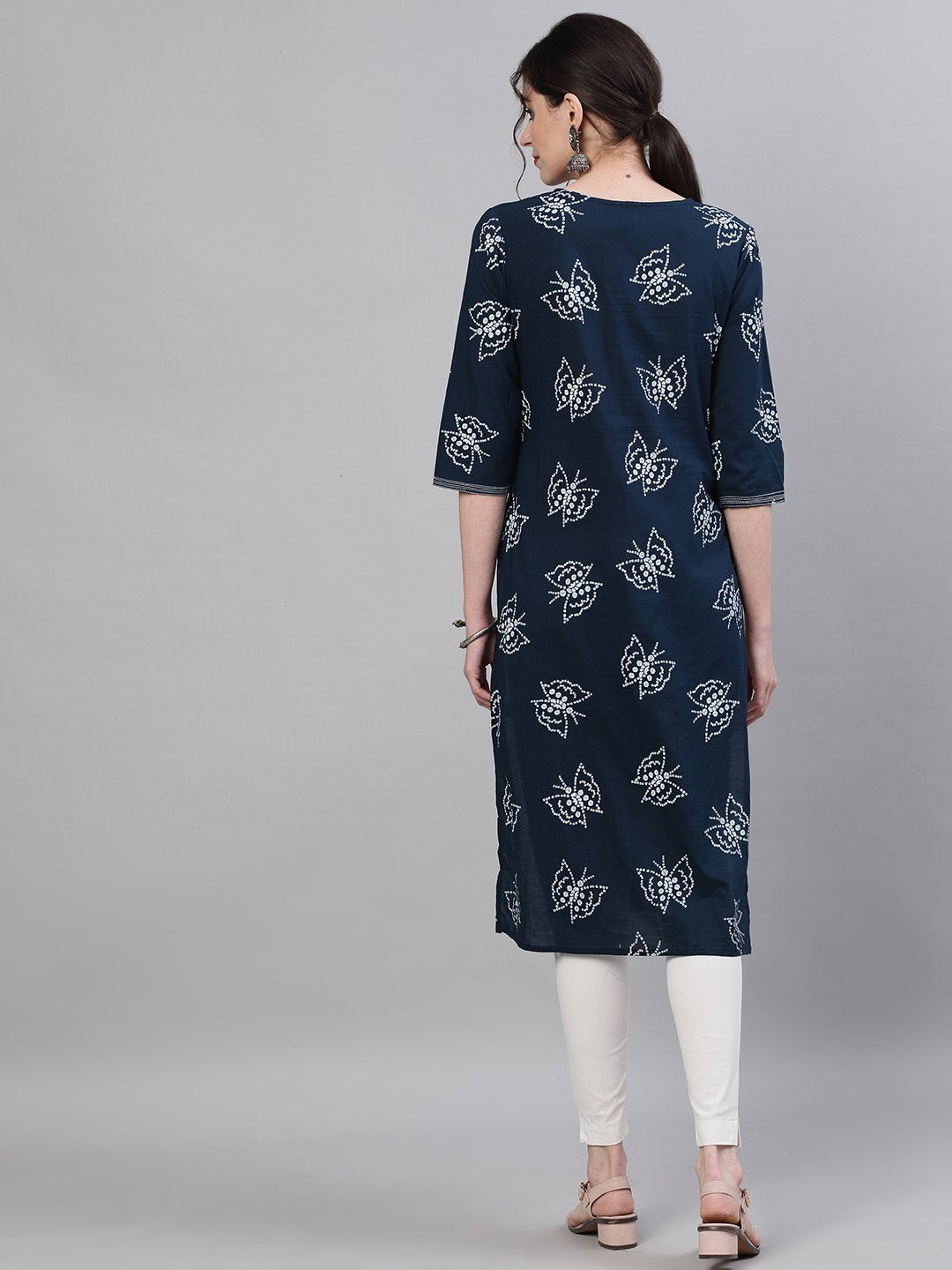 Ishin Women's Cotton Blue Bandhani Printed Embellished A-Line Kurta