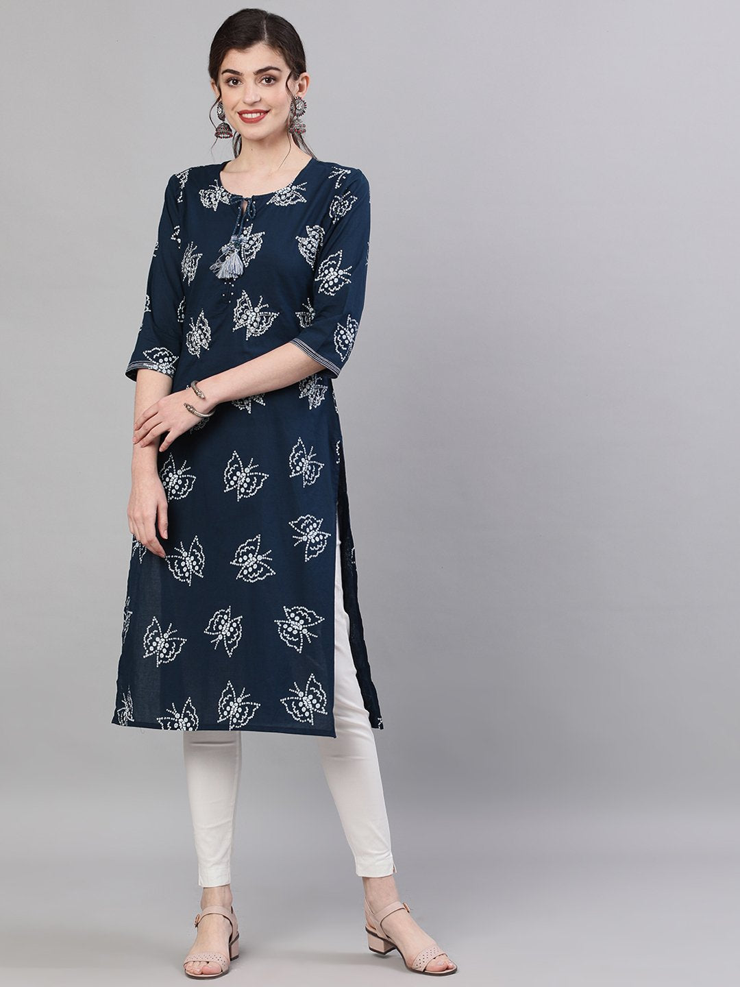 Ishin Women's Cotton Blue Bandhani Printed Embellished A-Line Kurta