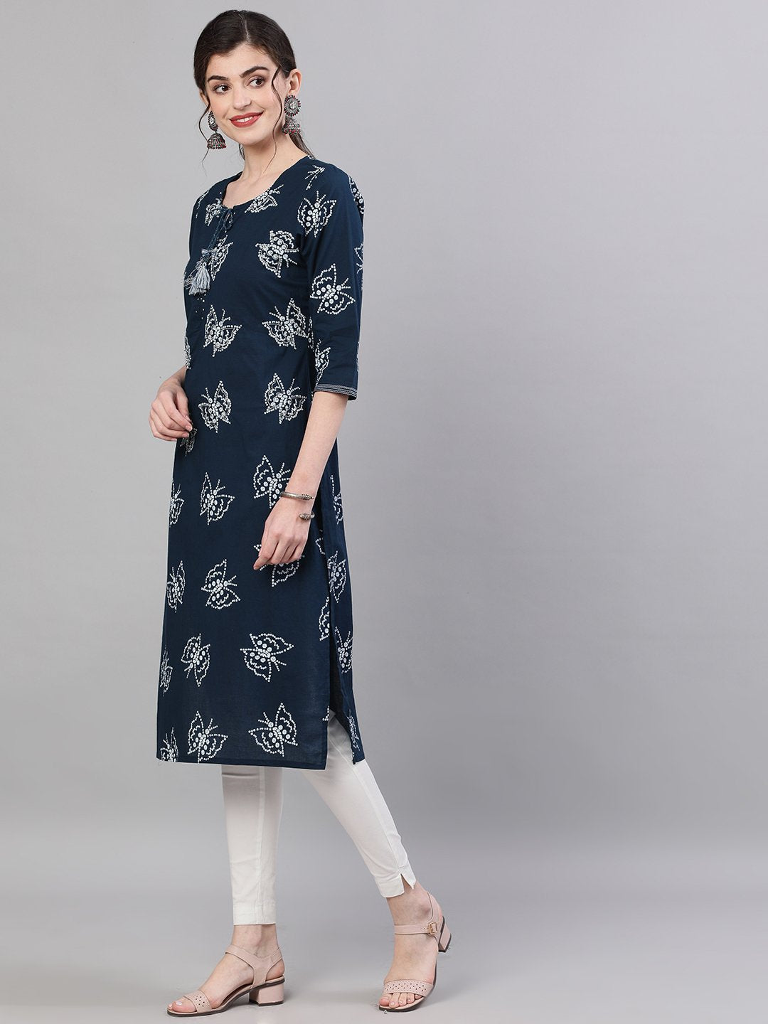 Ishin Women's Cotton Blue Bandhani Printed Embellished A-Line Kurta