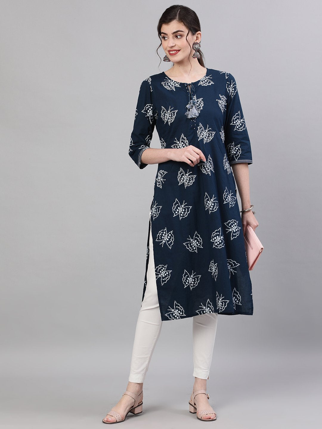 Ishin Women's Cotton Blue Bandhani Printed Embellished A-Line Kurta