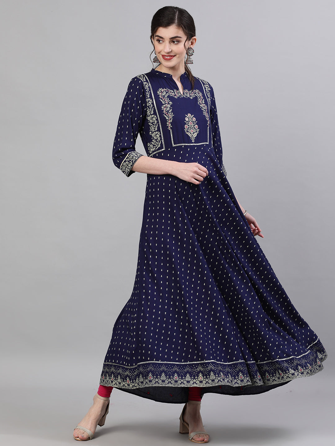 Ishin Women's Rayon Navy Blue Embellished Anarkali Kurta