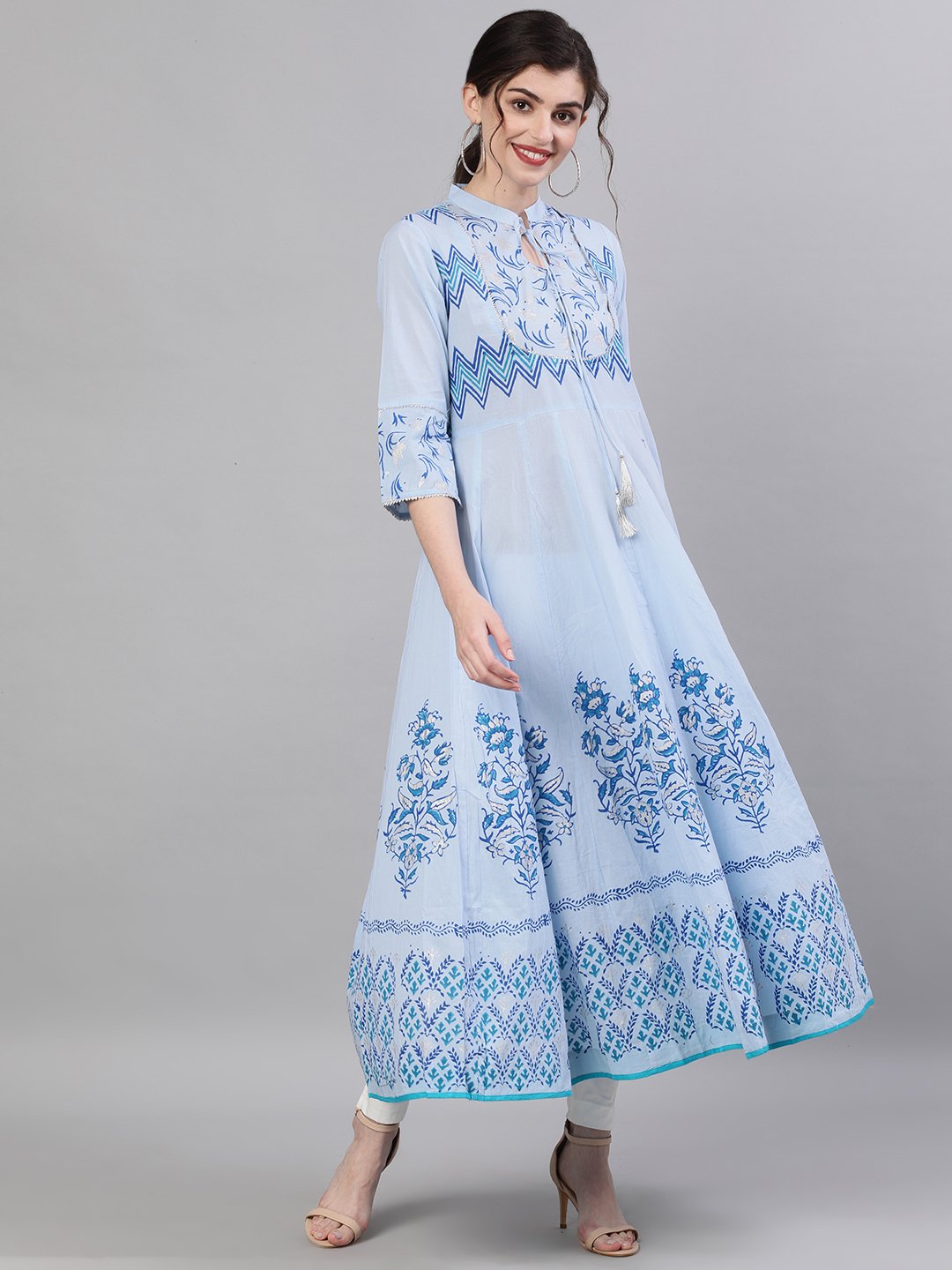 Ishin Women's Cotton Blue Foil Printed Anarkali Kurta