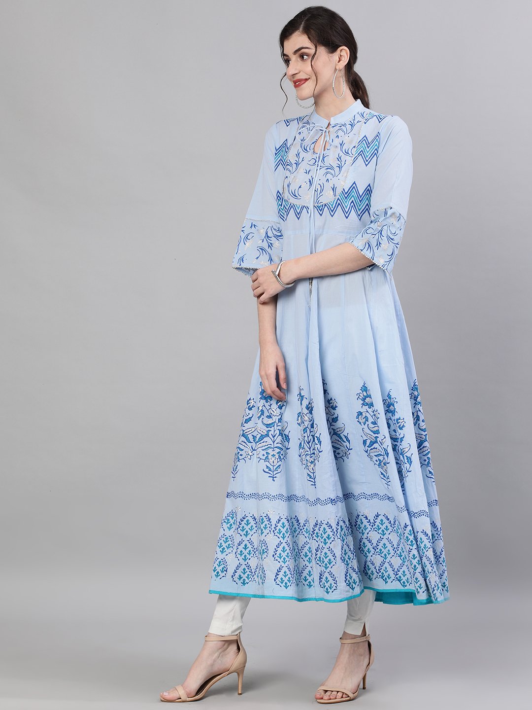Ishin Women's Cotton Blue Foil Printed Anarkali Kurta