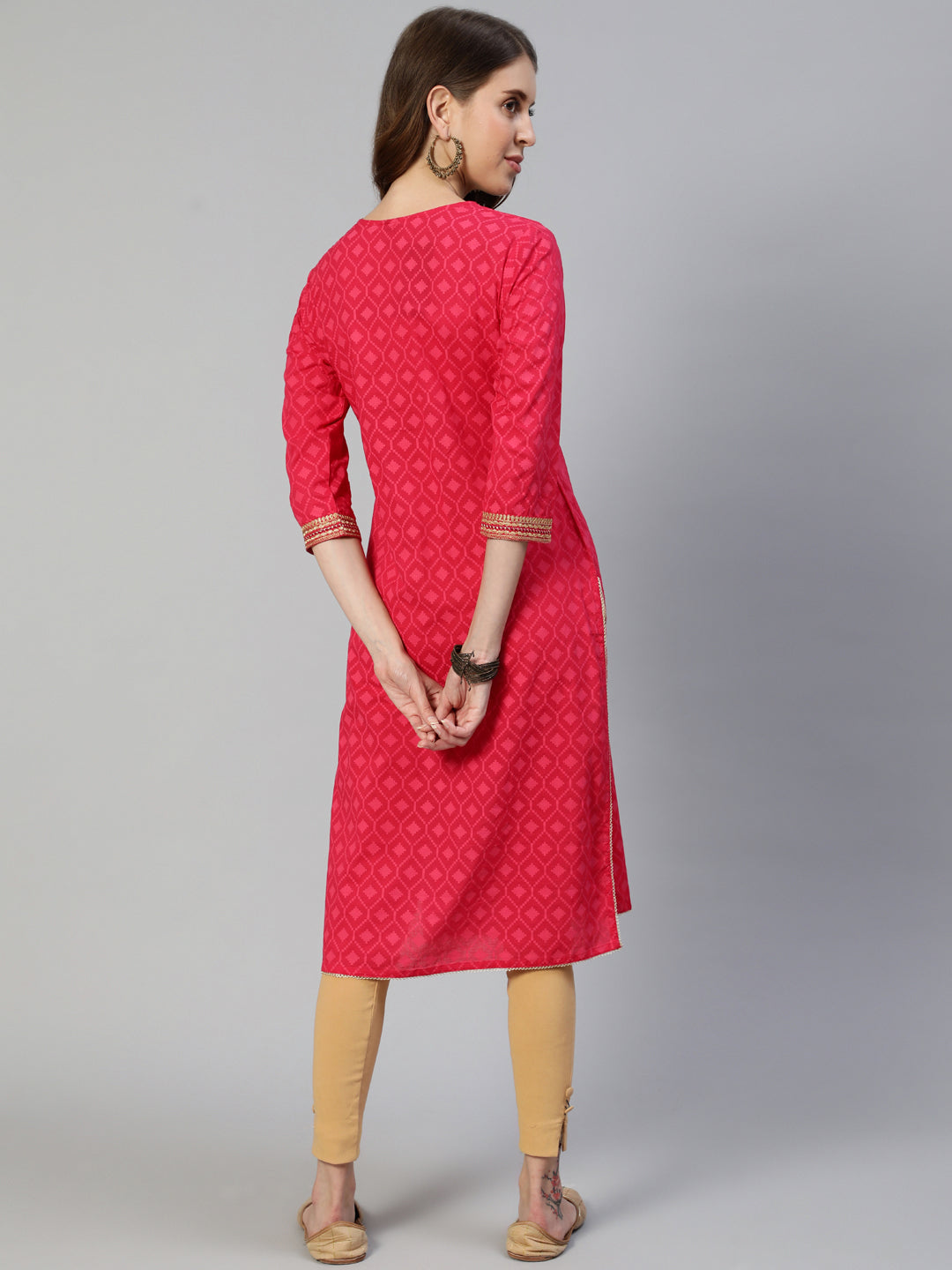 Ishin Women's Cotton Pink Zari Embroidered A-Line Kurta