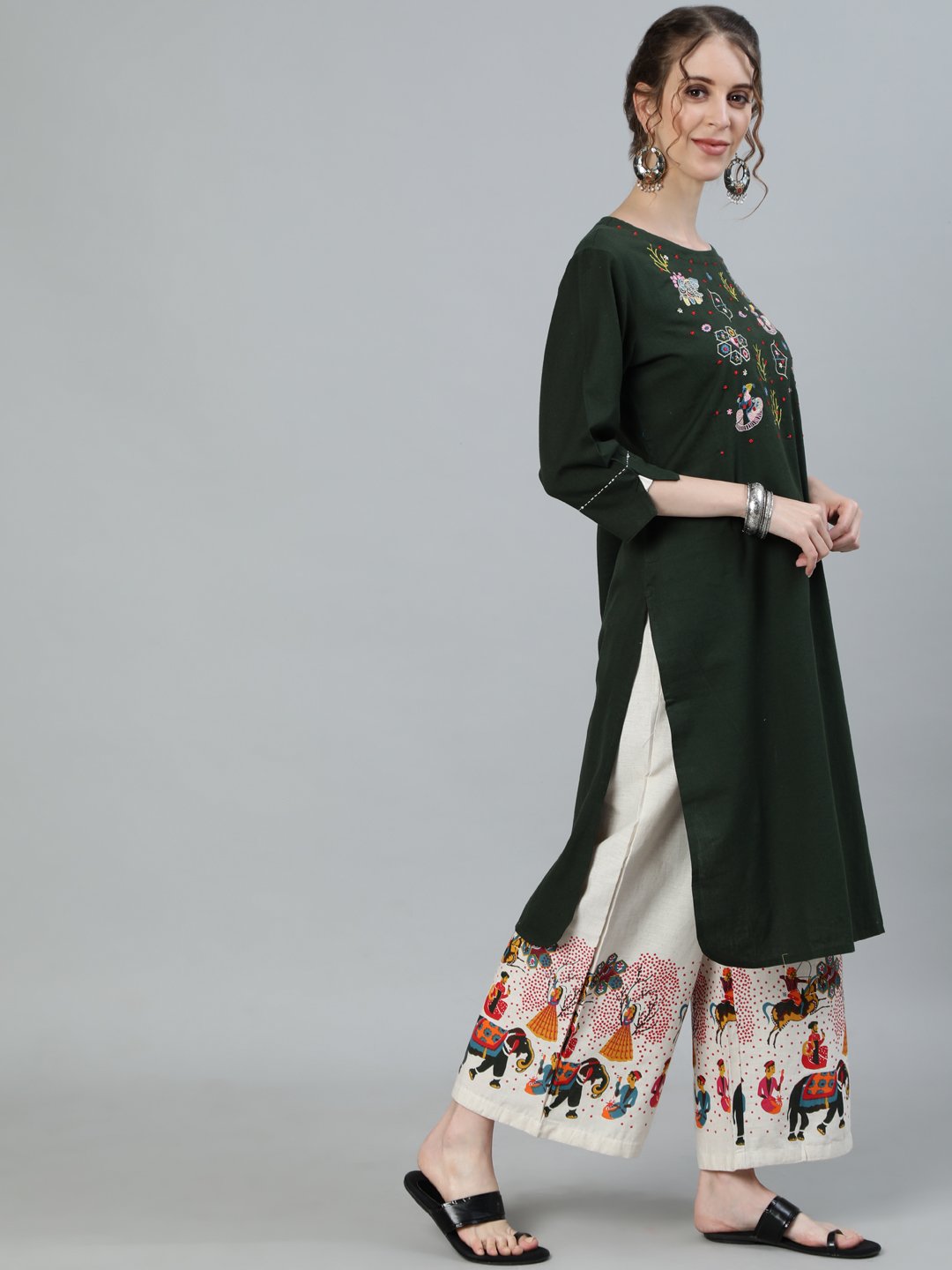 Designer Green & Off White Embroidered A-Line Kurta Set
