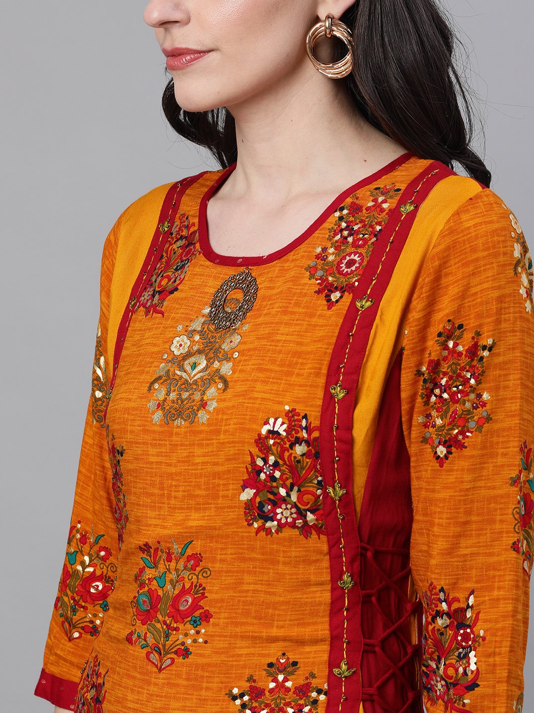 Ishin Women's Rayon Orange & Maroon Embellished Layered High Slit Kurta