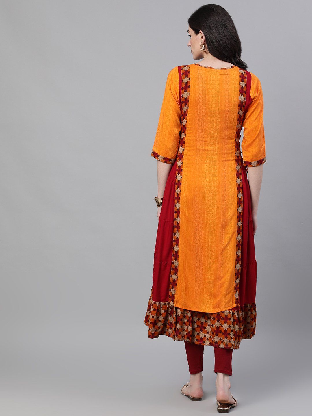 Ishin Women's Orange & Maroon Embellished Layered High Slit Kurta