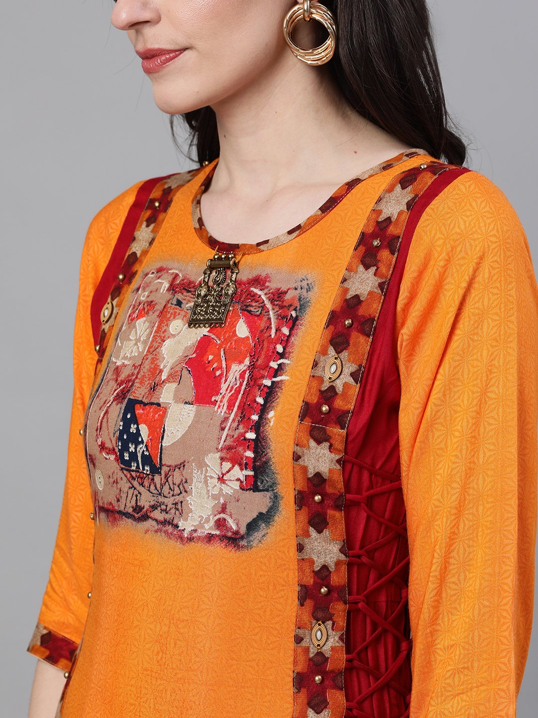 Ishin Women's Orange & Maroon Embellished Layered High Slit Kurta