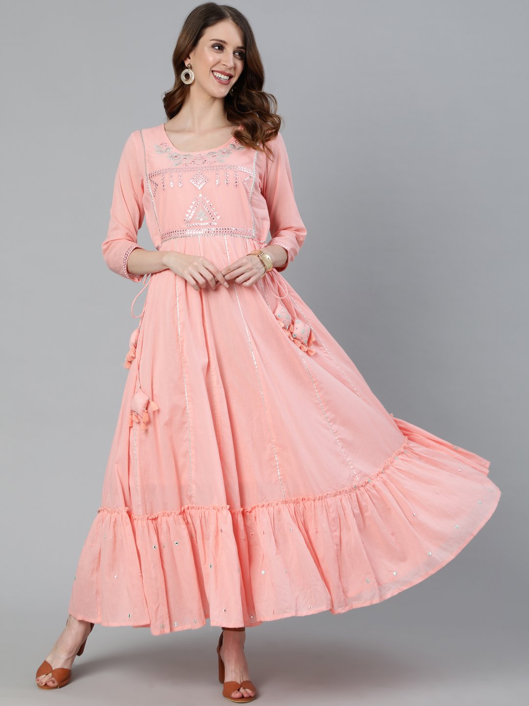 Ishin Women's Peach Gota Patti Anarkali Kurta