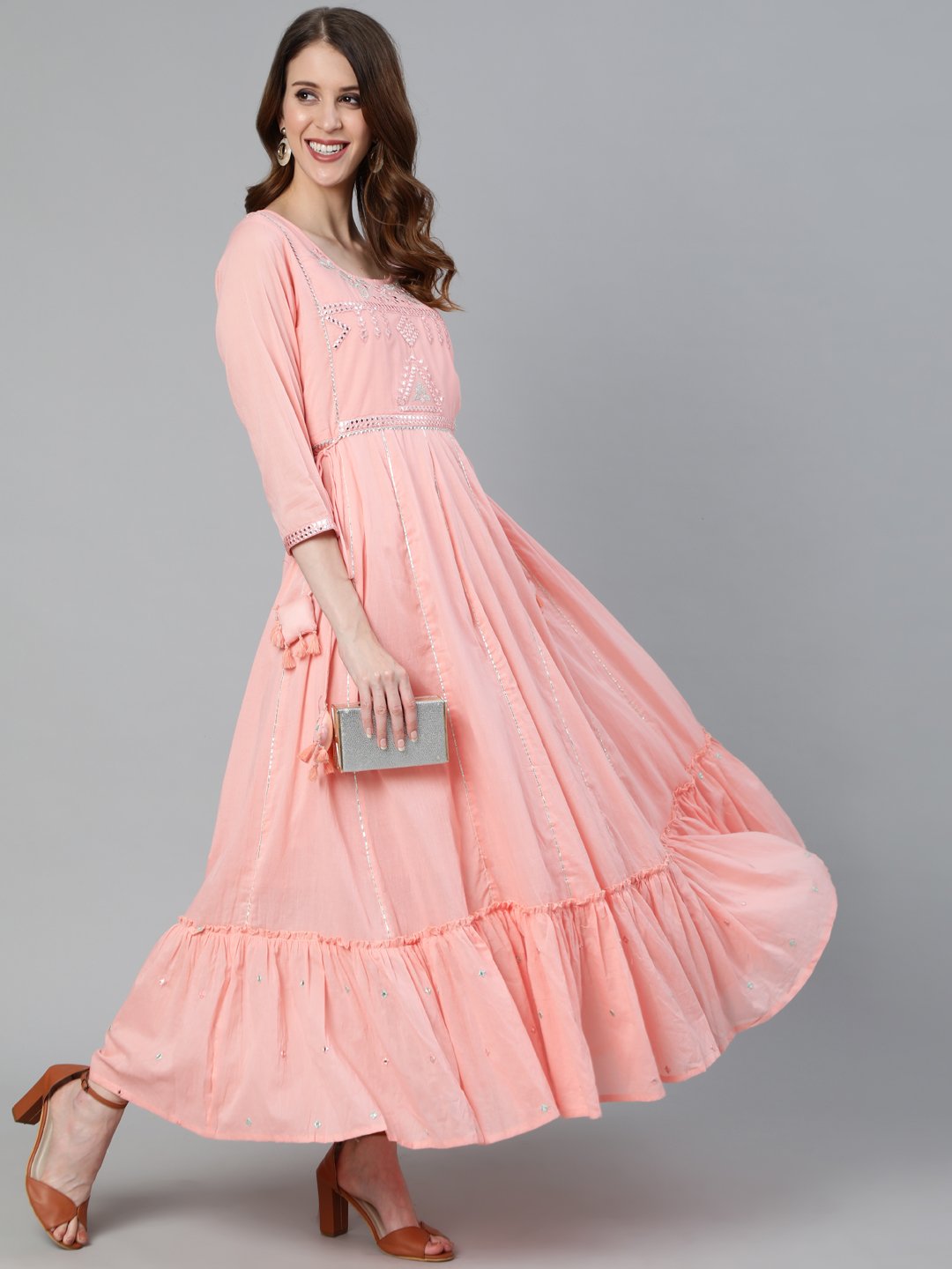 Ishin Women's Peach Gota Patti Anarkali Kurta