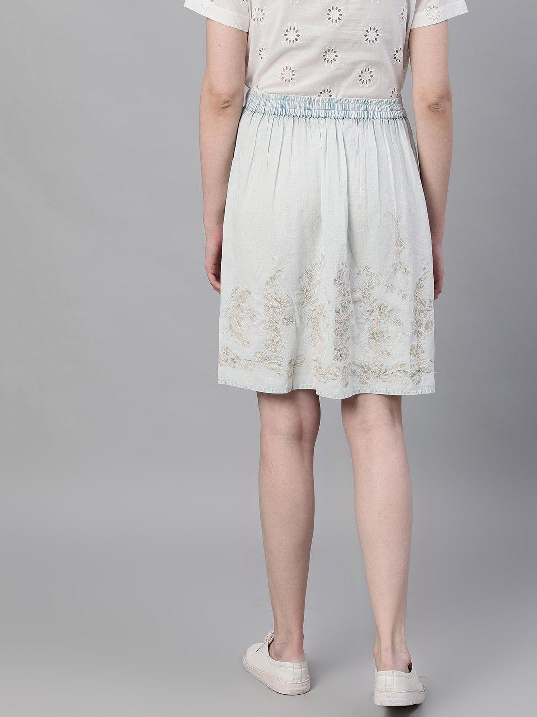 Ishin Women's Light Blue Washed Denim Embroidered A-Line Mini Skirt