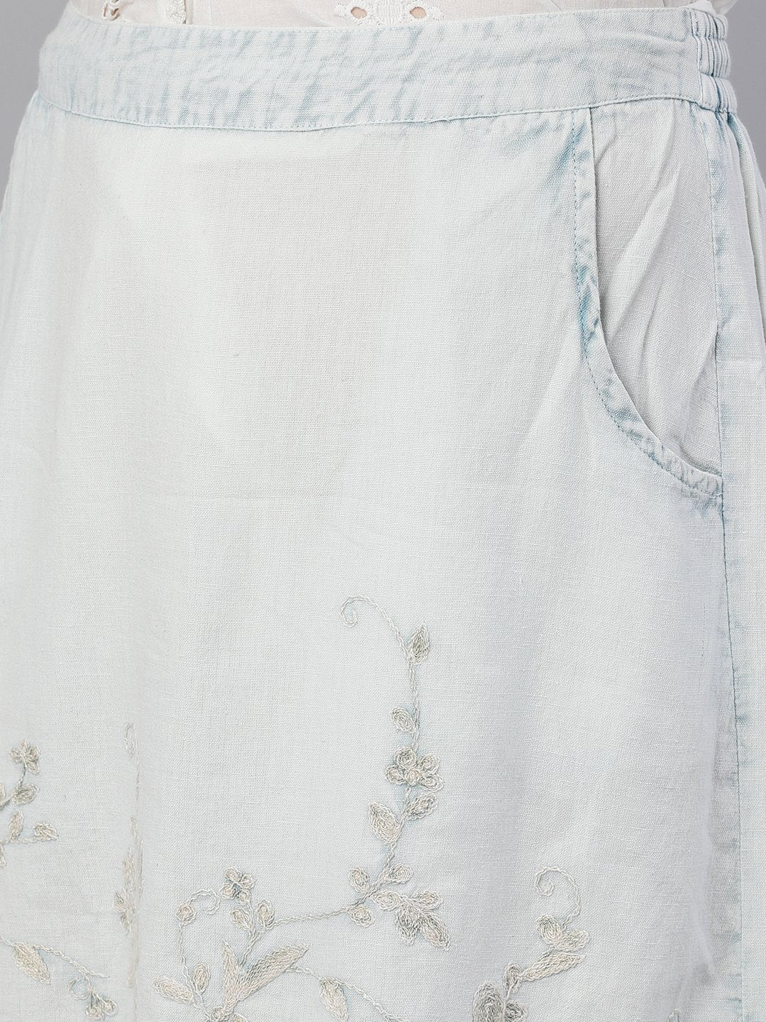 Ishin Women's Light Blue Washed Denim Embroidered A-Line Mini Skirt