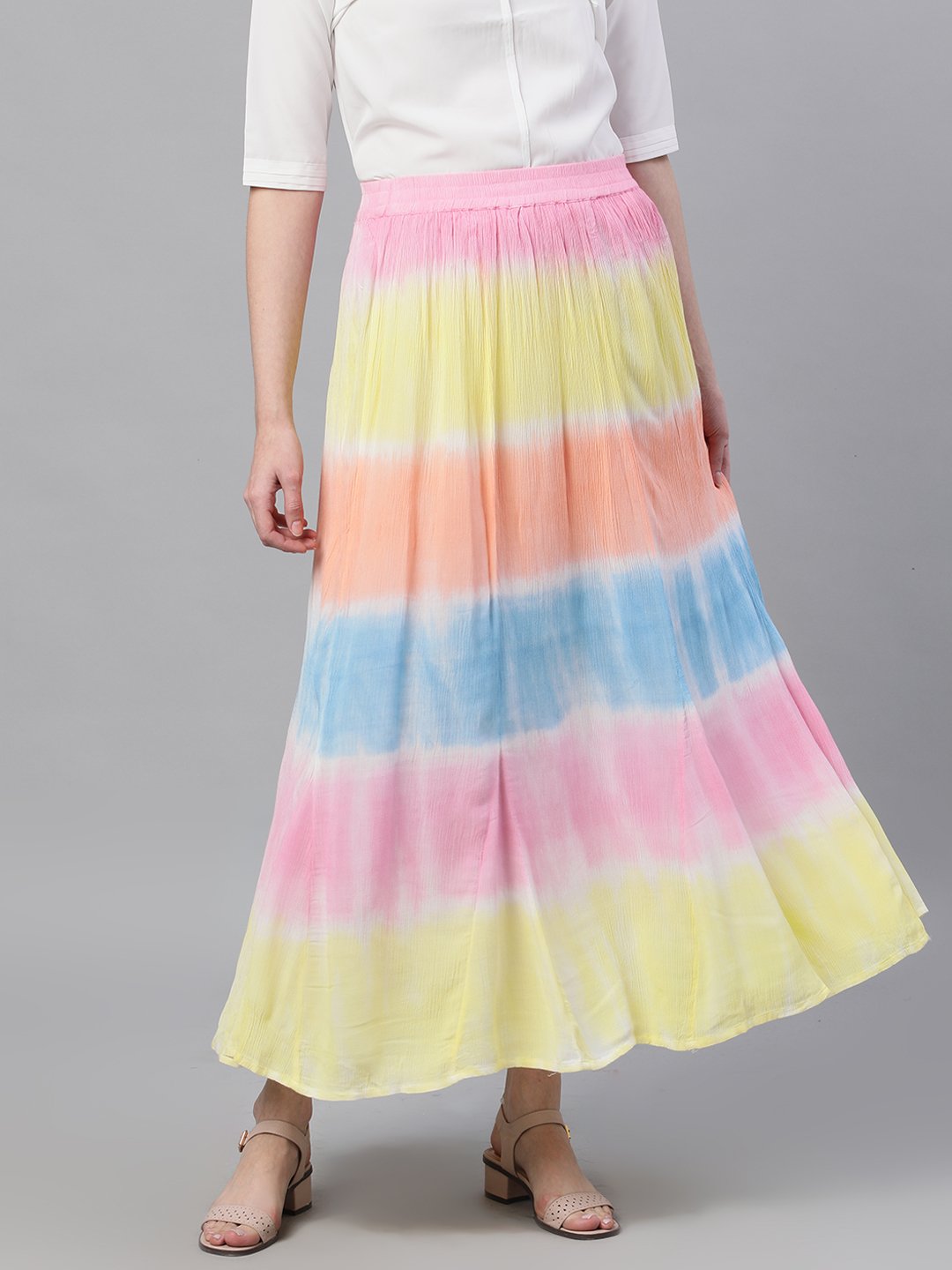 Ishin Women's Cotton Multicolor Tie & Dye Maxi Flared Skirt