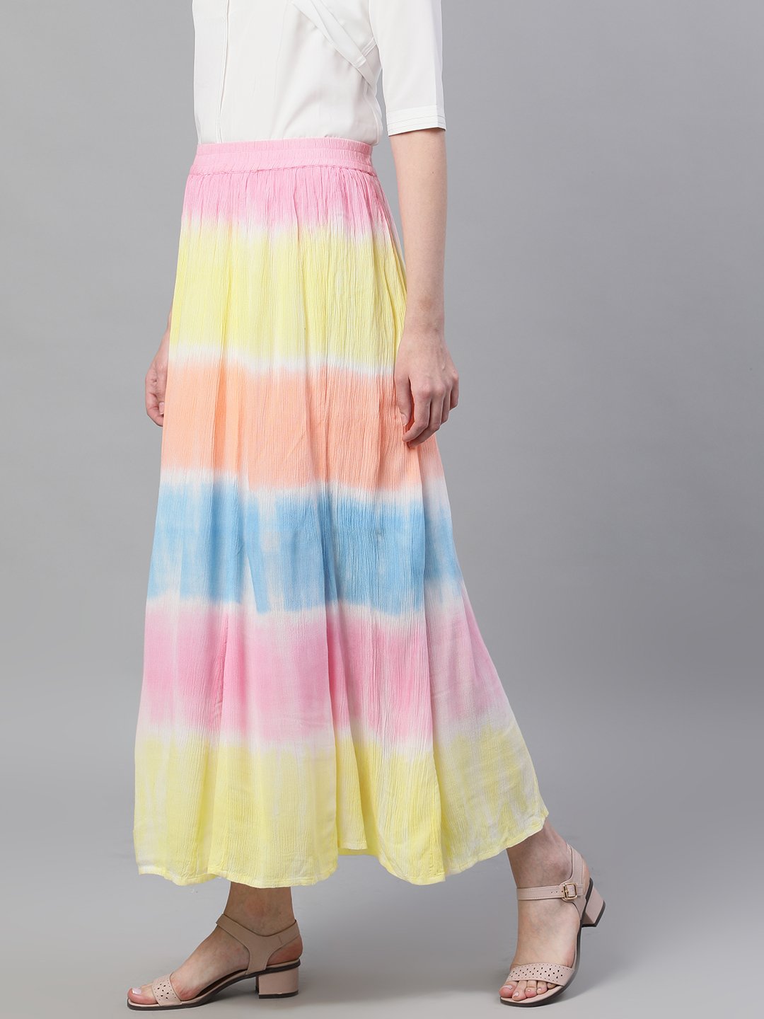 Ishin Women's Cotton Multicolor Tie & Dye Maxi Flared Skirt