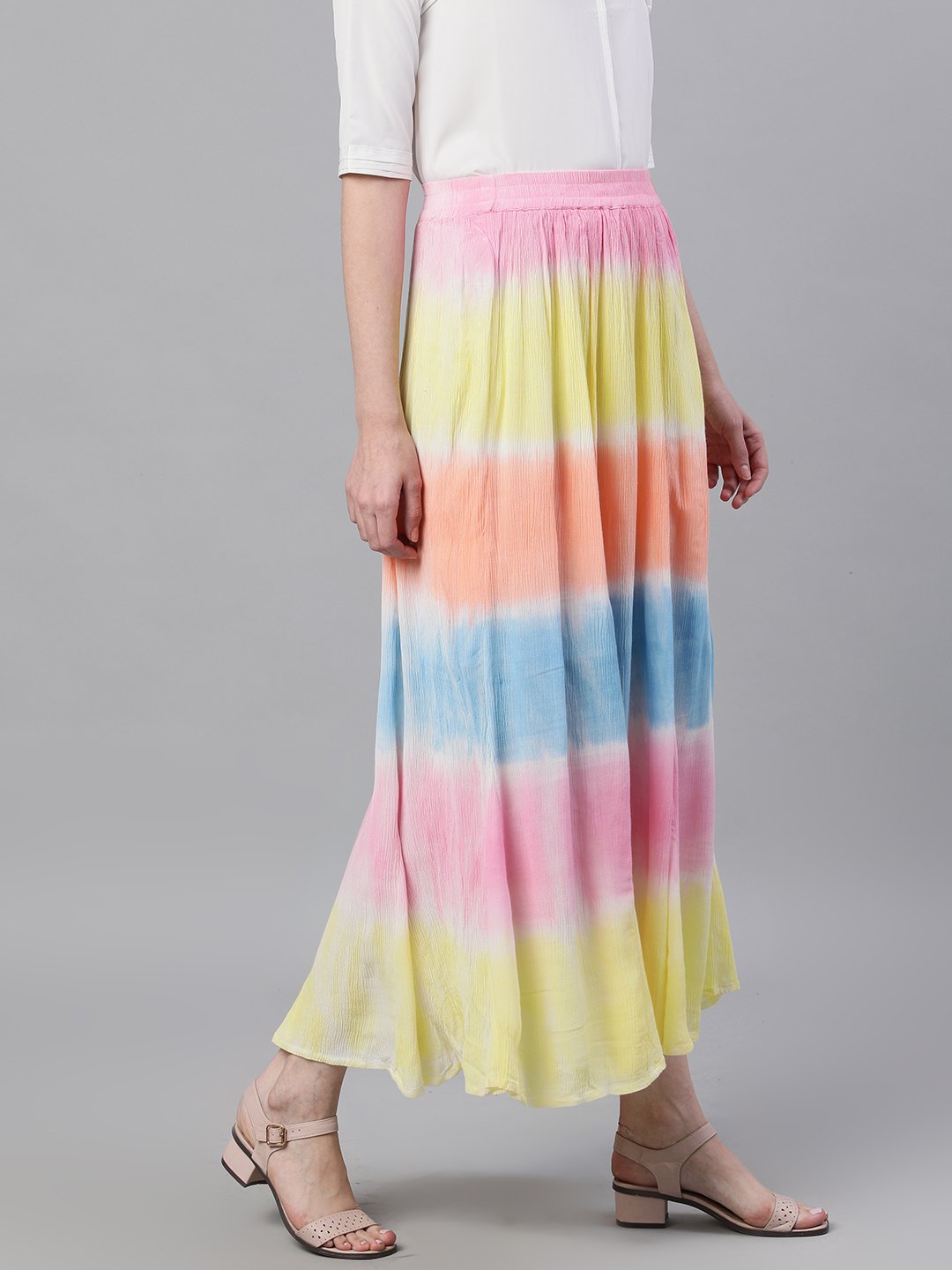 Ishin Women's Cotton Multicolor Tie & Dye Maxi Flared Skirt