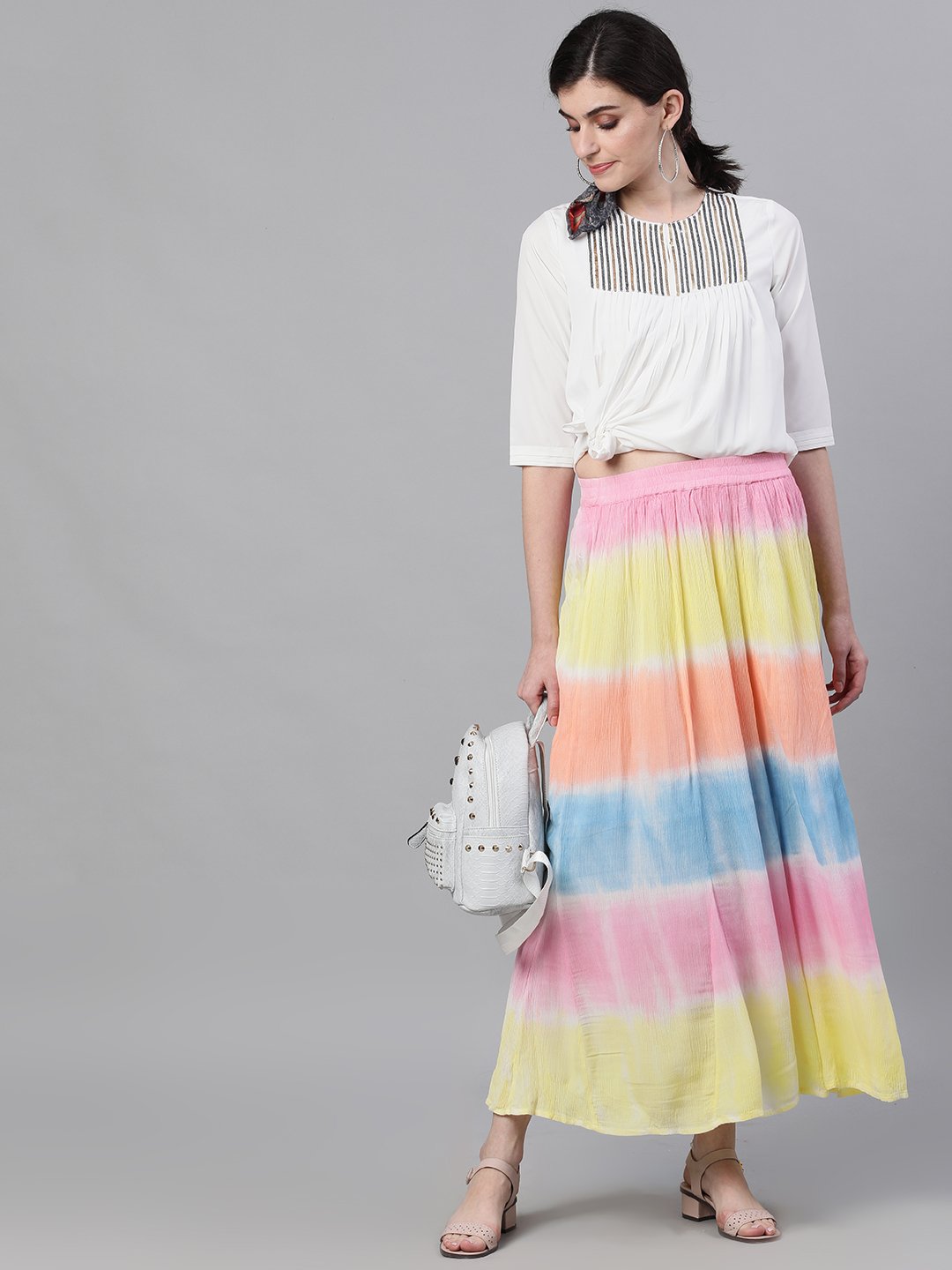 Ishin Women's Cotton Multicolor Tie & Dye Maxi Flared Skirt